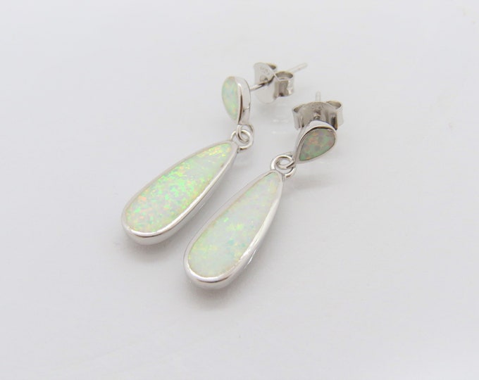 Vintage Sterling Silver White Opal Dangle Drop Earrings