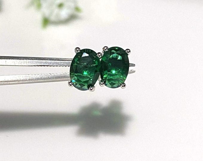 Vintage Sterling Silver Oval cut Emerald Stud Earrings