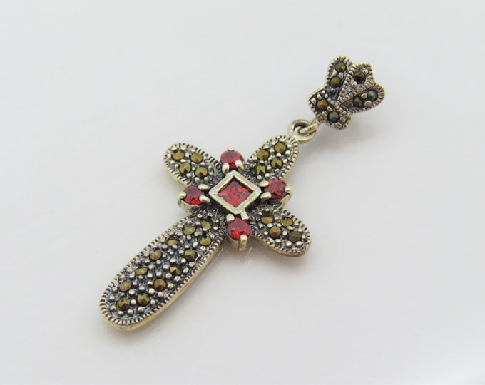 Vintage Sterling Silver Garnet & Marcasite Cross Pendant