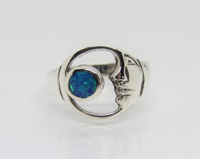 Vintage Sterling Silver Blue Opal Moon Ring Size 8