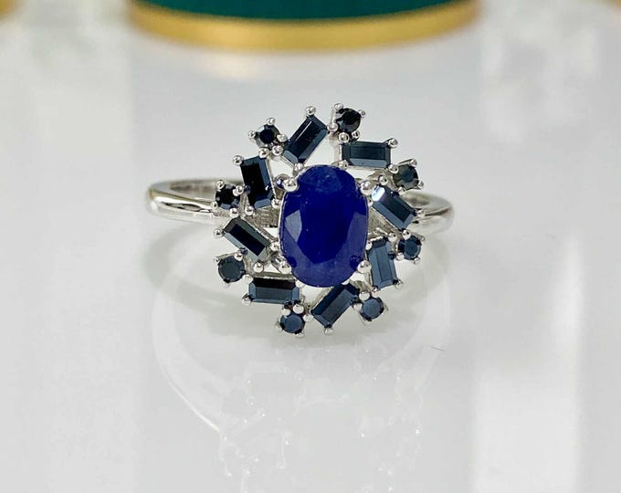 Vintage Sterling Silver Natural Blue & Black Sapphire Ring Size 7