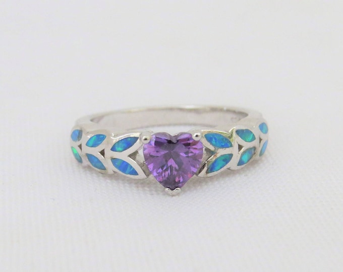 Vintage Sterling Silver Heart cut Amethyst Inlay Blue Opal Ring Size 10