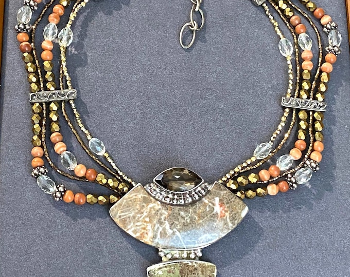 Vintage Signed Darla Sterling Silver Natural Ammonite, Smoky Topaz Necklace 18''