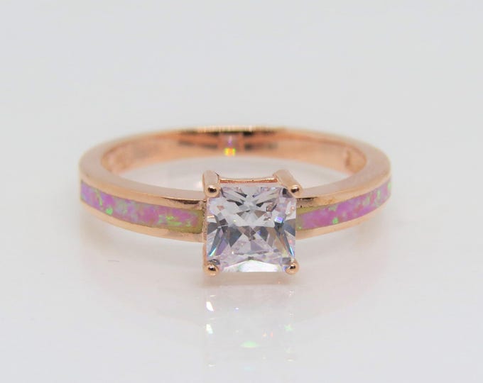 Vintage Sterling Silver Rose Gold Plate White Topaz & Pink Opal Ring Size 8