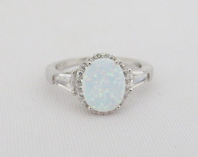 Vintage Sterling Silver Fire Opal & White Topaz Halo Ring Size 6