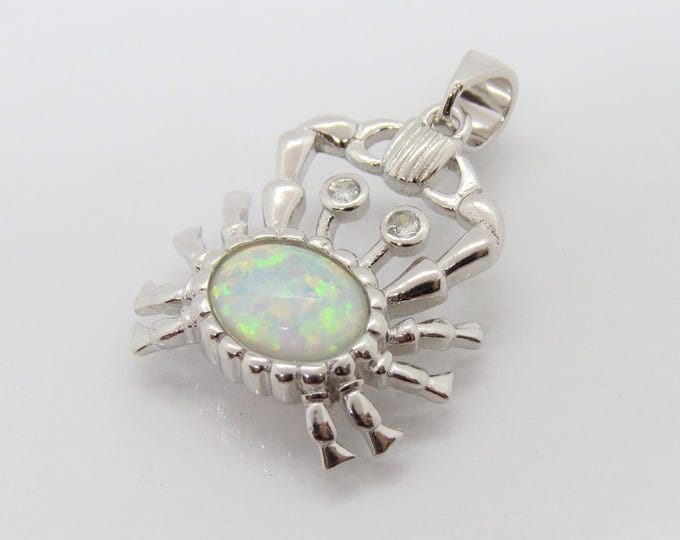 Vintage Sterling Silver White Opal & White Topaz Crab Pendant