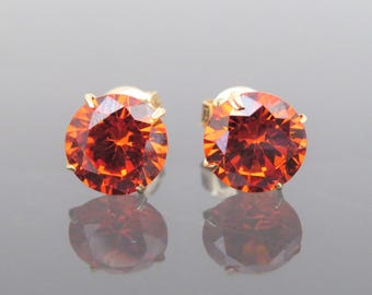 Vintage 18K Solid Yellow Gold Round cut Orange Fire Opal Stud Earrings 6MM,7MM