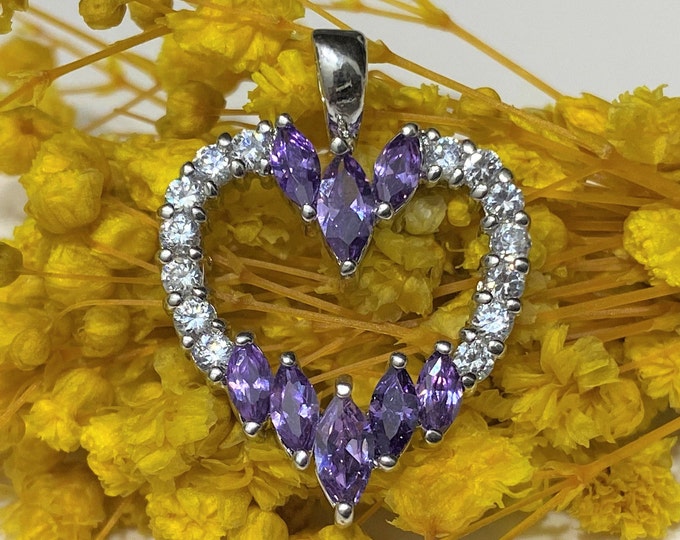 Vintage Sterling Silver Amethyst & White Topaz Heart Pendant.