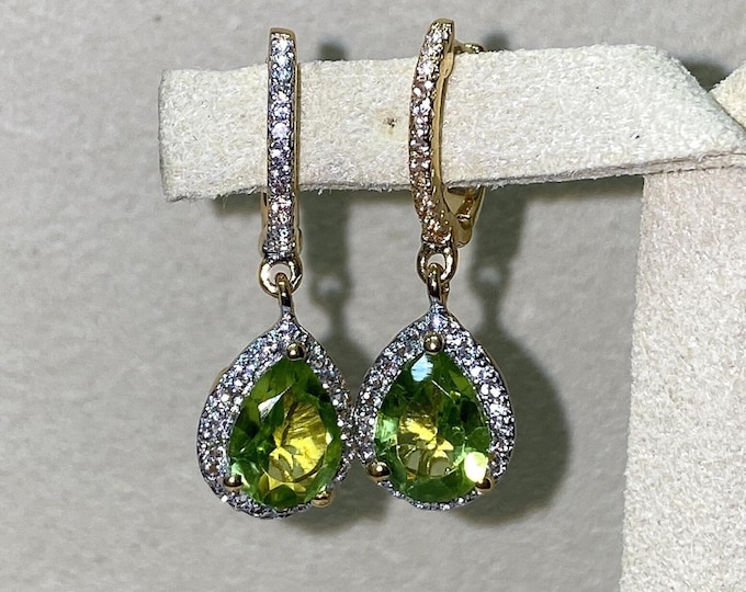 Vintage Sterling Silver 14k Gold Plate Peridot & White Sapphire Earrings.