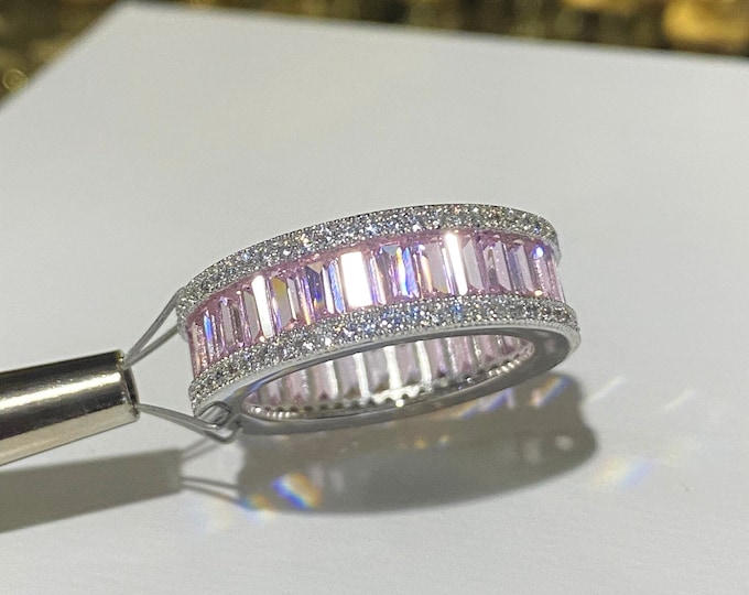Sterling Silver Pink Sapphire, White Topaz Band Ring Size 9