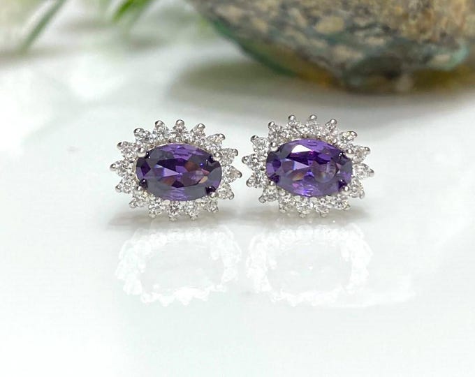 Vintage Sterling Silver Oval cut Amethyst & White Topaz Earrings.