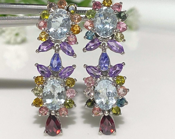 Vintage Sterling Silver Natural Aquamarine, Amethyst & Tourmaline Earrings