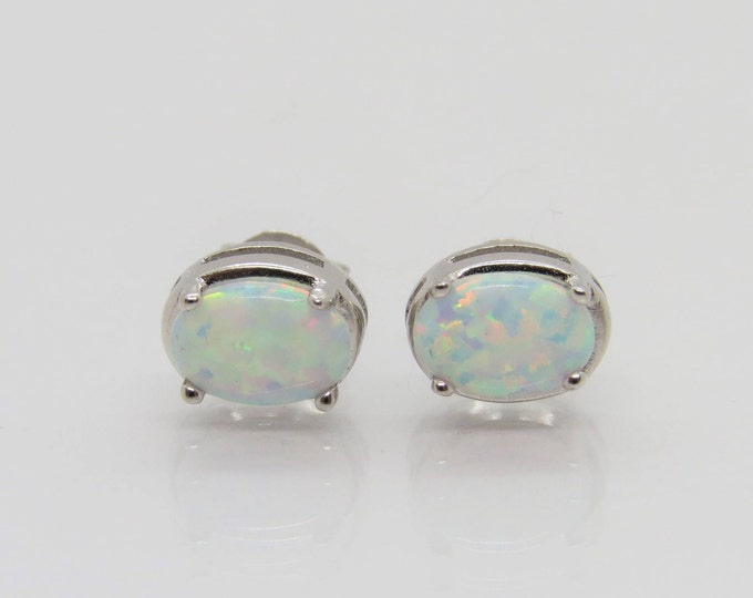Vintage Sterling Silver Oval White Opal Stud Earrings