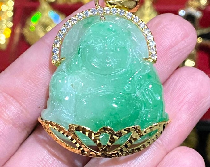 Vintage 18K Solid Yellow Gold Green Jadeite Jade, White Topaz Laughing Buddha Pendant Phat Di Lac