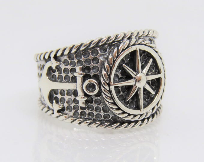 Vintage Sterling Silver Compass & Anchors Men's Ring Size 9.5