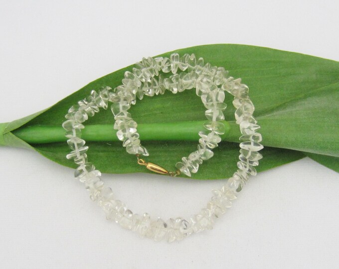 Vintage Jewelry Natural White Clear Quartz Yellow Gold Clasp Bead Necklace 15'' Length