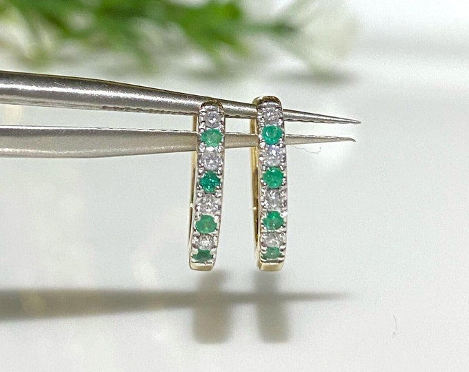 Vintage 14K Solid Yellow Gold Genuine Emerald & Diamond Hoop Earrings.