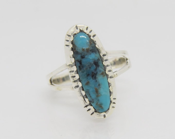 Vintage Southwestern Sterling Silver Turquoise Long Ring Size 6,7,8,9