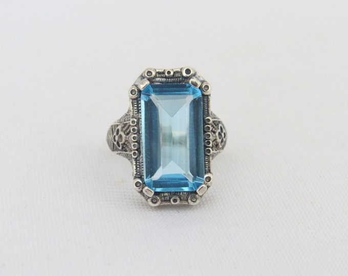 Vintage Sterling Silver Aquamarine Filigree Ring Size 9