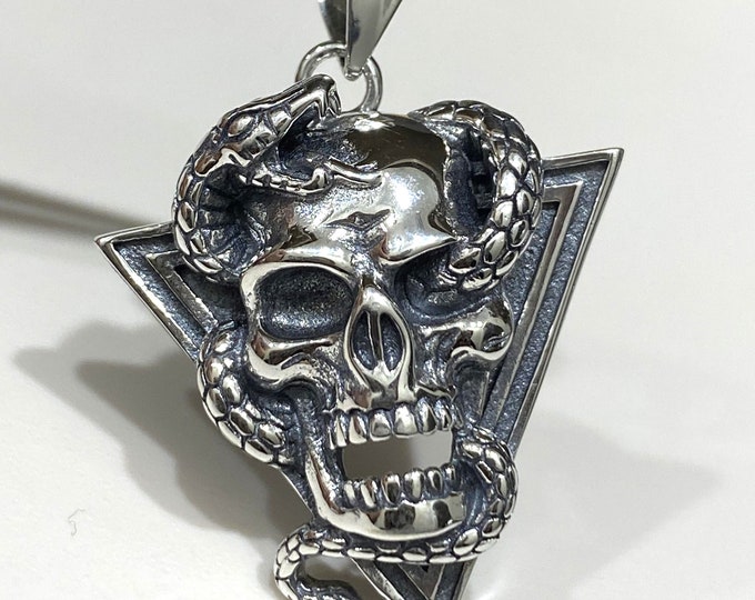 Sterling Silver Skull & Snake Pendant.