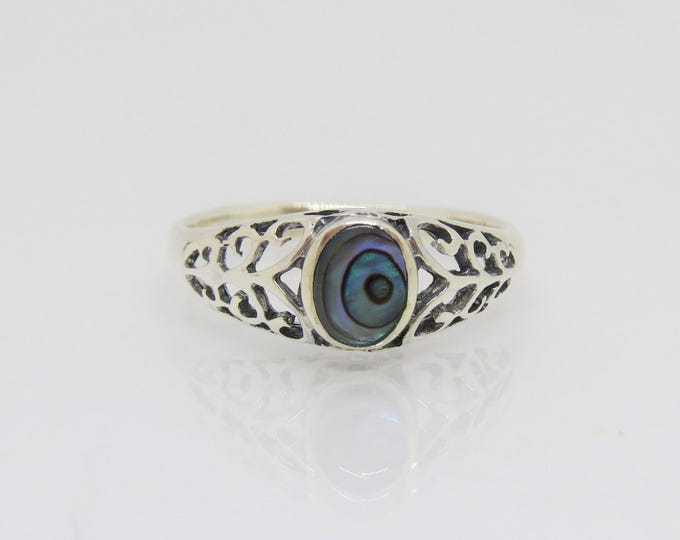 Vintage Sterling Silver Abalone Filigree Dome Ring Size 7