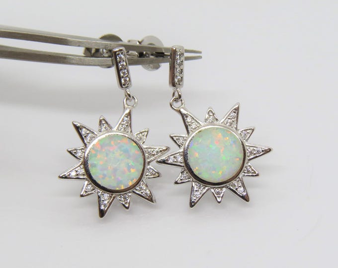 Vintage Sterling Silver White Opal & White Topaz Sun Earrings