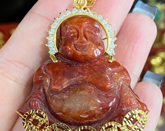 Vintage 18K Solid Yellow Gold Red Jadeite Jade Laughing Buddha Happy Buddha Pendant