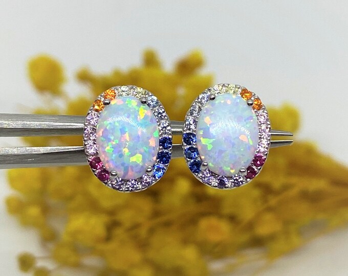 Vintage Sterling Silver White Opal & Mixed Gemstone Halo Earrings.