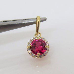 14K Solid Yellow Gold Ruby & White Topaz Halo Pendant