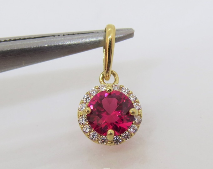 14K Solid Yellow Gold Ruby & White Topaz Halo Pendant