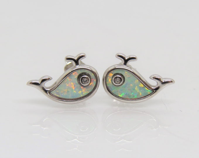Vintage Sterling Silver White Opal & White Topaz Whale stud Earrings