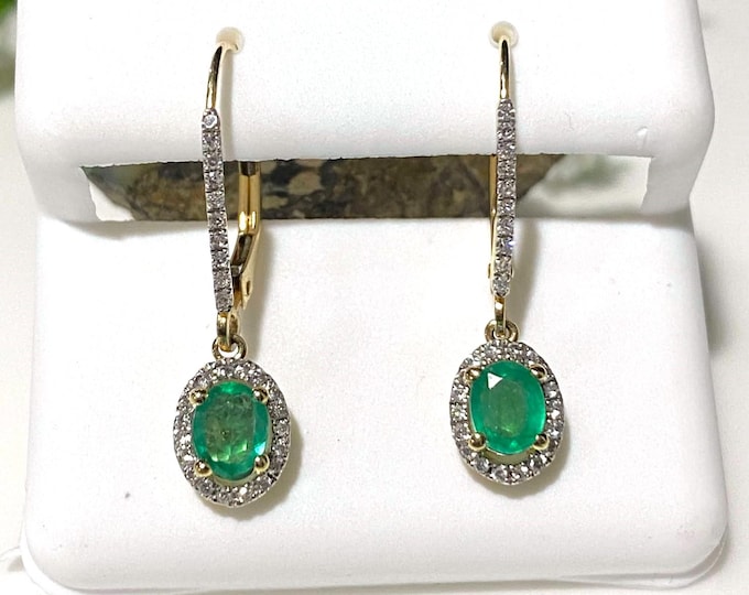 Vintage 14K Solid Yellow Gold .80ct Genuine Oval cut Emerald & Diamond Dangle Earrings.