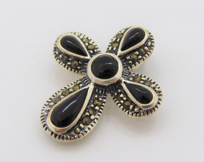 Vintage Sterling Silver Black Onyx & Marcasite Cross Pendant