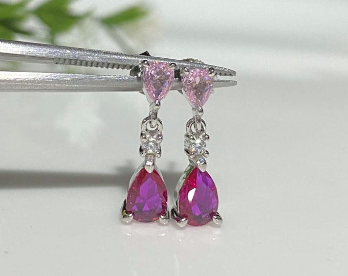 Vintage Sterling Silver Pink Sapphire & Ruby Dangle Earrings.