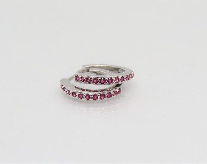Vintage Sterling Silver Ruby Hoop Earrings 10MM