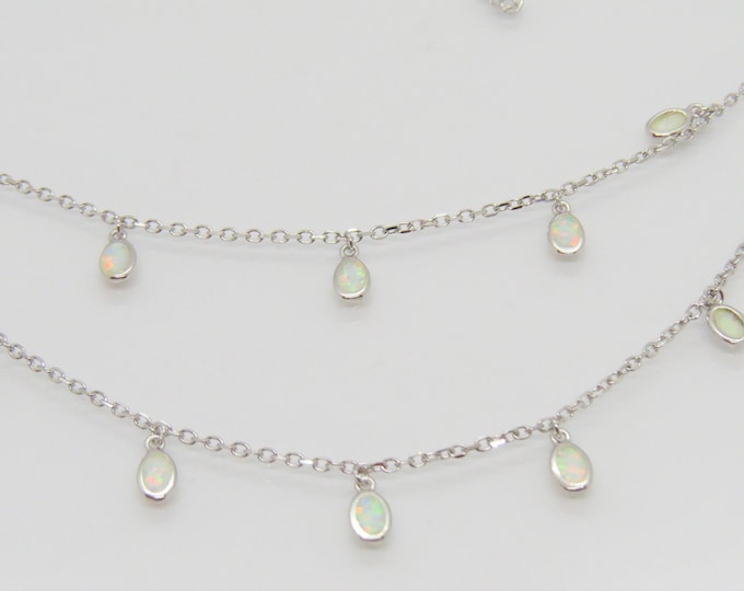 Vintage Sterling Silver White Opal Link Chain Necklace 17 1/2''