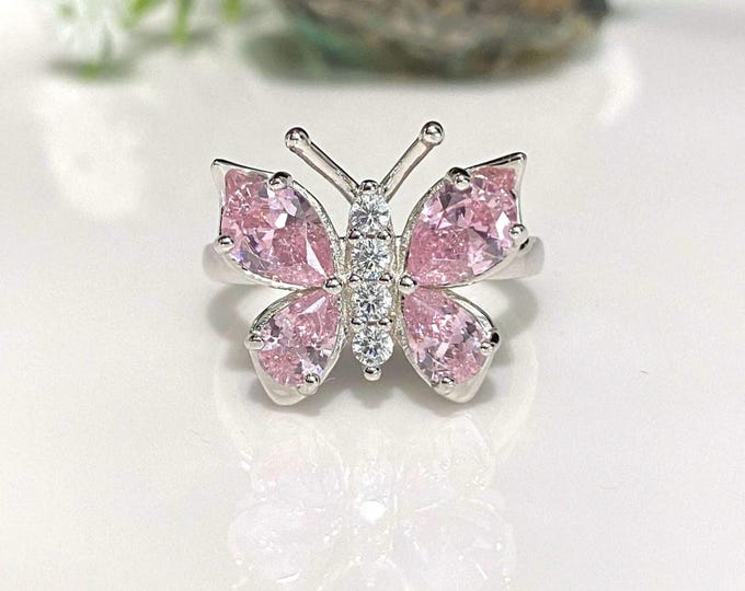 Vintage Sterling Silver Pink Sapphire & White Topaz Butterfly Ring.