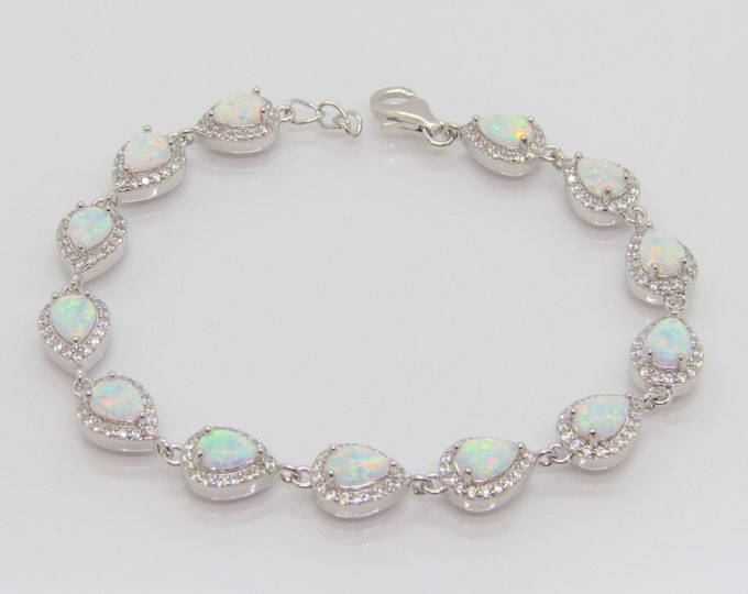 Vintage Sterling Silver Pear cut White Opal & White Topaz Link Bracelet 8''