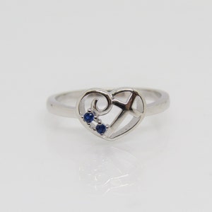 Vintage Sterling Silver Blue Sapphire Cross Heart Ring Size 7