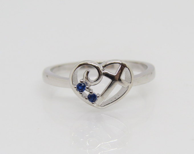 Vintage Sterling Silver Blue Sapphire Cross Heart Ring Size 7