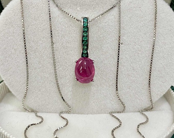 Vintage Sterling Silver Natural Oval cut Ruby & Tsavorite Pendant Chain 18''