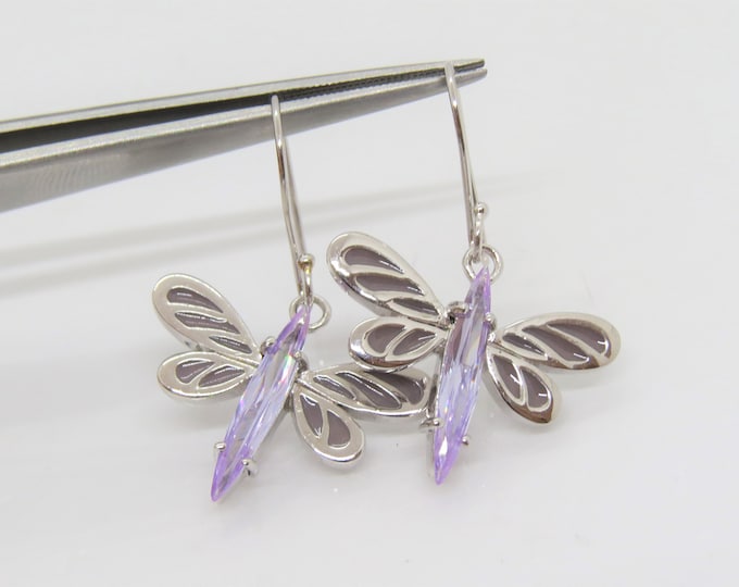 Vintage Sterling Silver Enamel Amethyst Dragonfly Dangle Earrings