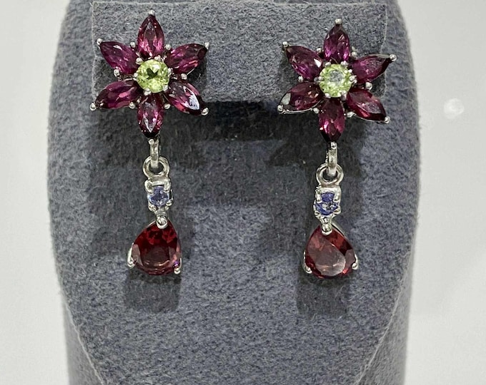 Vintage Sterling Silver Natural Rhodolite, Peridot & Tanzanite Flower Dangle Earrings.