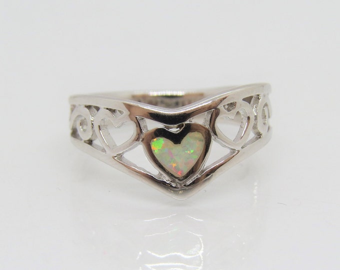 Vintage Sterling Silver White Opal V Shape Hearts Ring Size 7