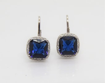 Vintage Sterling Silver Cushion cut Blue Sapphire & White Topaz Earrings