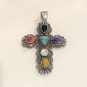 Vintage Sterling Silver Mixed Gemstones Cross Pendant.