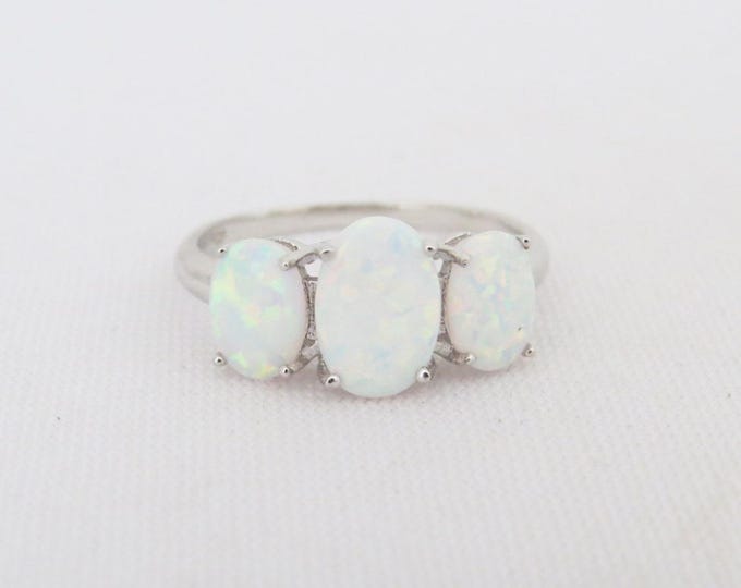 Vintage Sterling Silver White Opal Three stone Ring Size 8