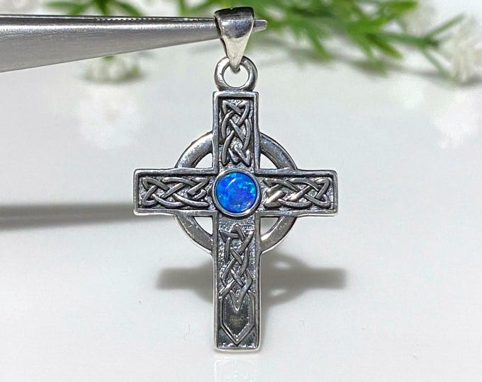 Vintage Sterling Silver Blue Opal Cross Pendant.