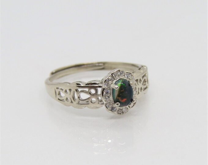 Vintage Sterling Silver Black Opal & White Topaz Adjustable Ring Size 7