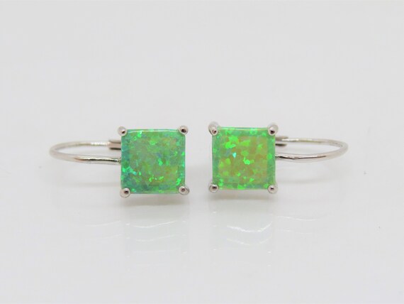 Vintage Sterling Silver Square Green Opal Earrings - image 3